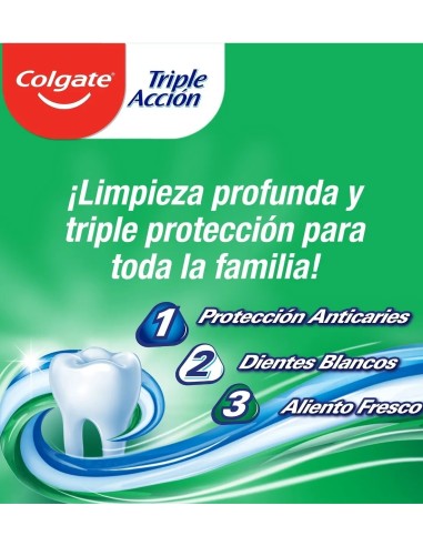 Colgate Triple Acción: protección anticaries y aliento fresco.