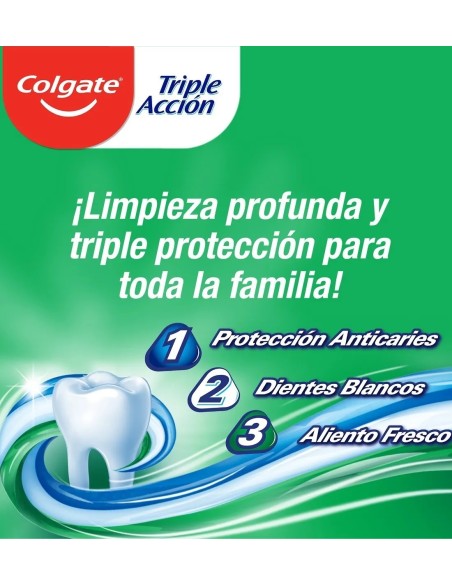 Colgate Triple Acción: protección anticaries y aliento fresco.