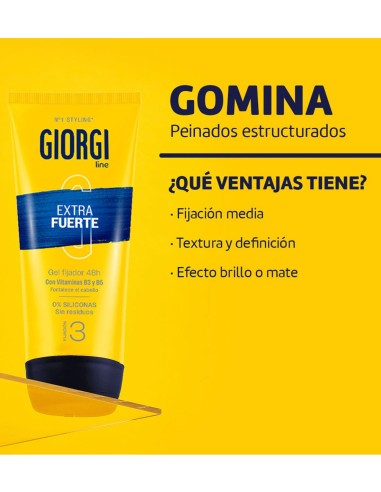 Gel para el cabello Giorgi de fijación extrafuerte compacto.