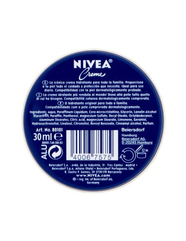 Nivea Crema Hidratante Lata Azul 30ml - Formato Viaje
