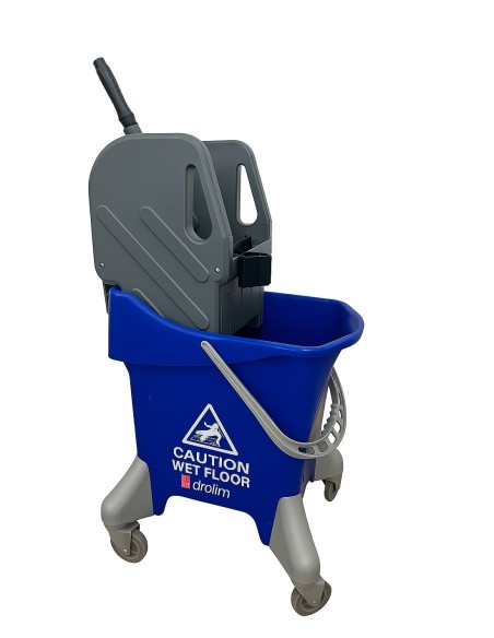 Cubo con prensa azul 25L con ruedas y solapa trasera para vaciado cómodo