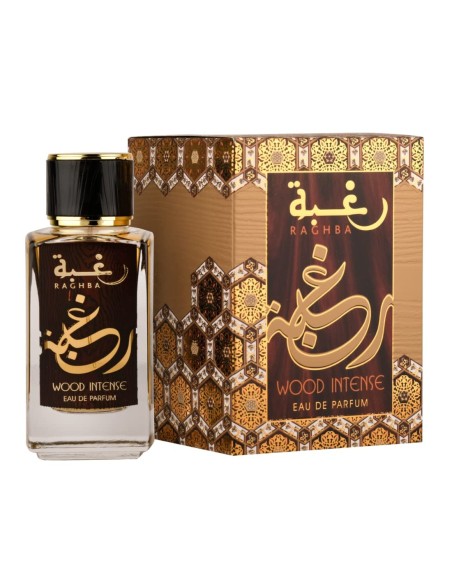 Lattafa Raghba Wood Intense Eau de Parfum 100 ml con caja decorada en tonos marrones y dorados