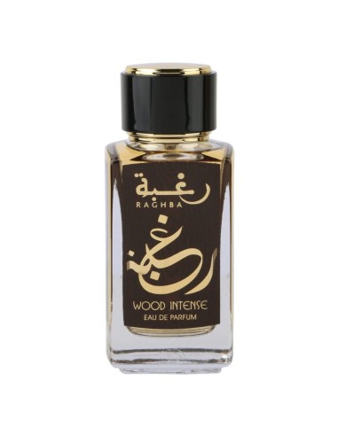 Frasco de Lattafa Raghba Wood Intense EDP 100 ml con etiqueta marrón y tapón negro con detalles dorados