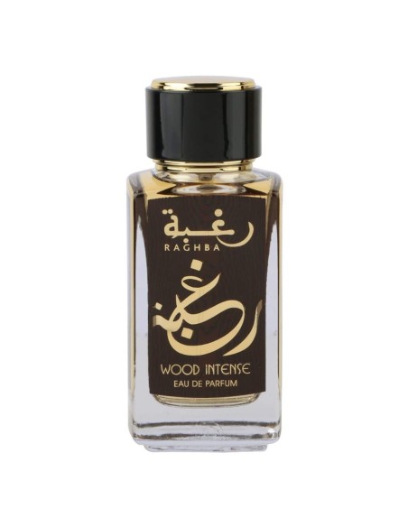 Frasco de Lattafa Raghba Wood Intense EDP 100 ml con etiqueta marrón y tapón negro con detalles dorados
