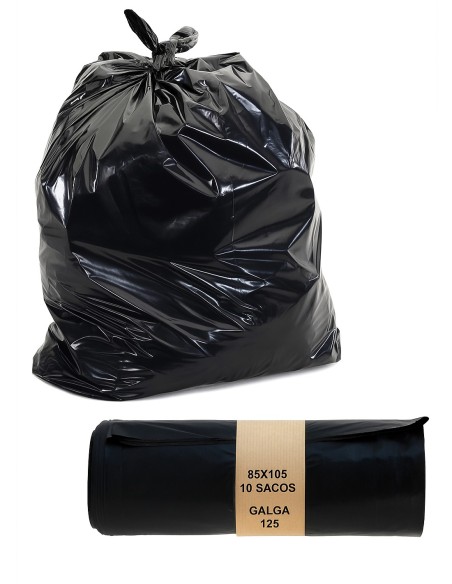 Rollo de sacos de basura negros 85x105 cm galga 125 de 100 litros con faja de papel