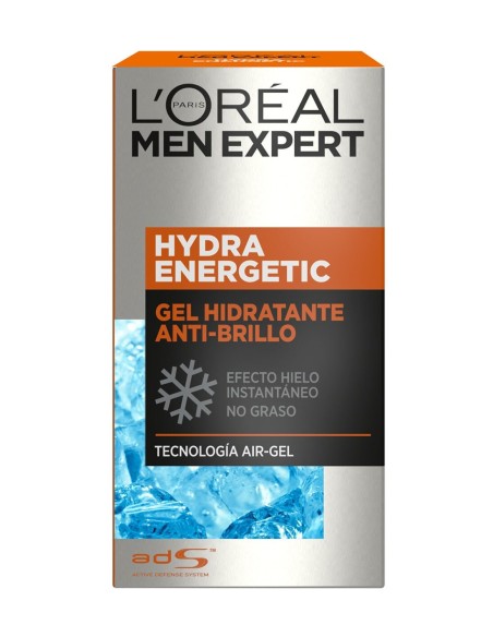 Caja frontal del gel hidratante facial L'Oréal Men Expert Hydra Energetic con tecnología Air-Gel.