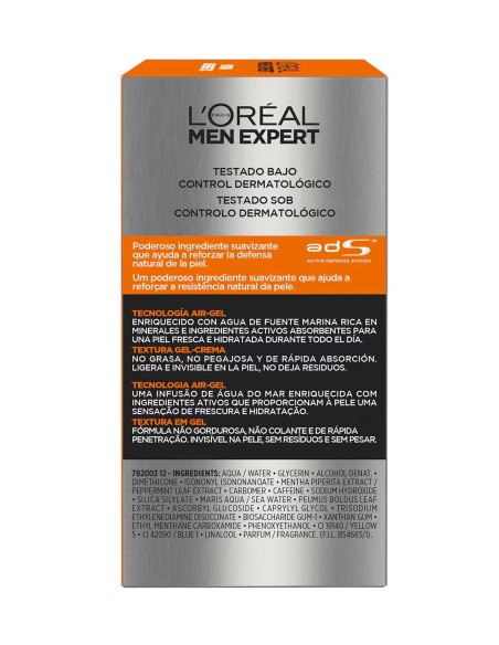 Reverso del empaque de L'Oréal Men Expert Hydra Energetic Gel Anti-Brillo con información del producto.