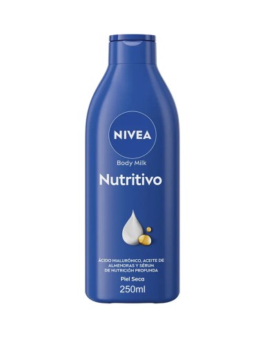 Botella azul de Nivea Body Milk Nutritivo 250 ml para piel seca