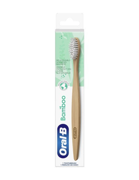 Cepillo dental de bambú Oral-B para higiene bucal.
