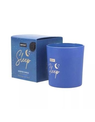 Vela perfumada Sence Sleep de aroma lavanda 125g en vaso azul junto a su caja