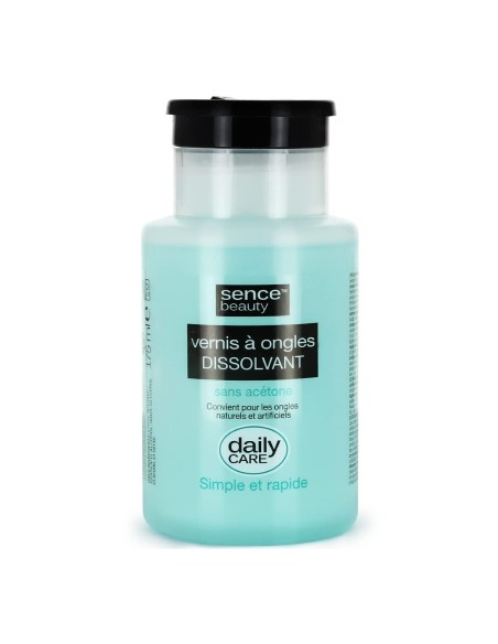Frasco de quitaesmalte azul claro Sence Beauty Sin Acetona de 175 ml con tapón dosificador negro.