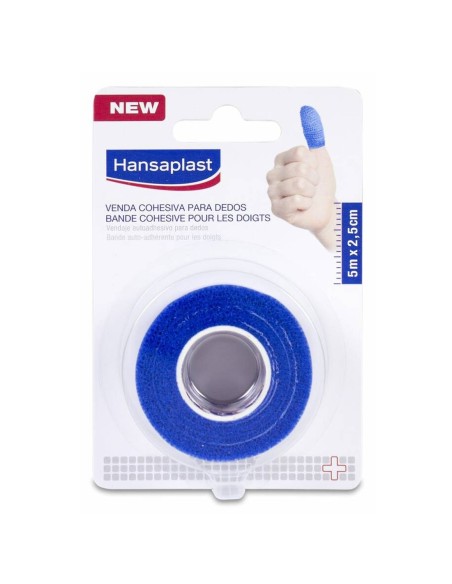 Venda cohesiva Hansaplast azul para dedos.