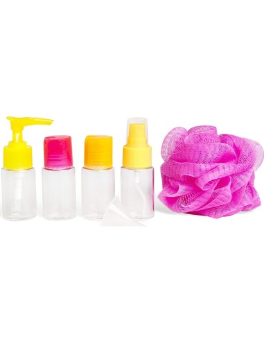 Accesorios de viaje de cosmética en colores neón.