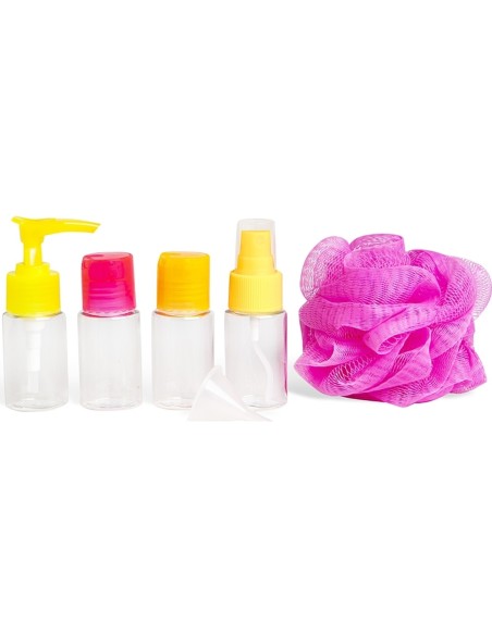 Accesorios de viaje de cosmética en colores neón.