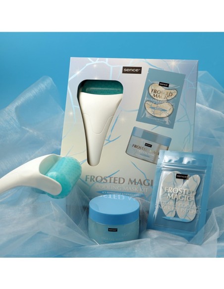 Rodillo facial, mascarilla y parches refrescantes.