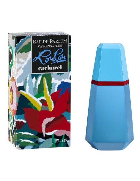 Vista del frasco azul y rojo junto a la caja decorada de Lou Lou de Cacharel.