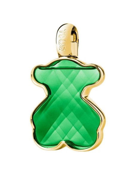 Frasco verde esmeralda de TOUS LoveMe The Emerald Elixir 50 ml con contorno y tapón dorados