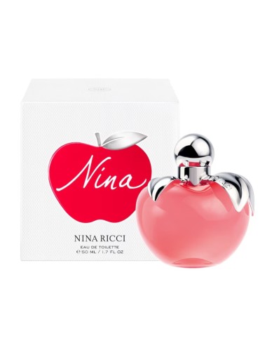 Frasco original en forma de manzana rosa de Nina de Nina Ricci Eau de Toilette de 50 ml al lado de su caja blanca oficial.