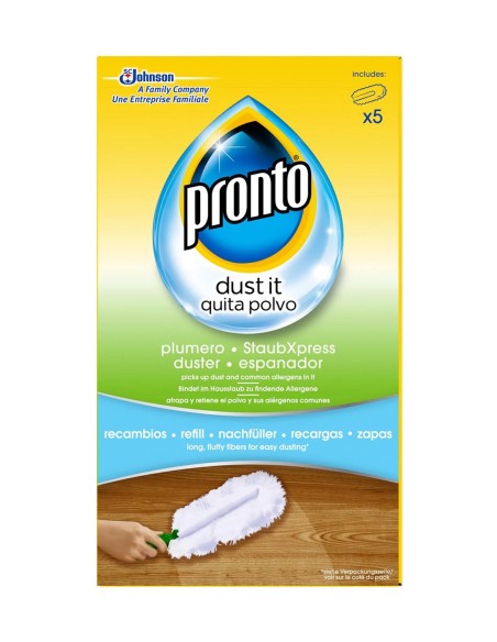 Caja amarilla de Pronto plumero dust it quita polvo con cinco unidades de recambios.