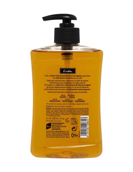 Envase de Jabón Lida, fórmula vegana y biodegradable de 500 ml.