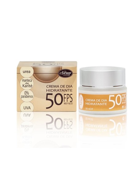 Tarro de crema facial hidratante de día Nurana de cincuenta mililitros junto a su caja dorada con factor de protección cincuent