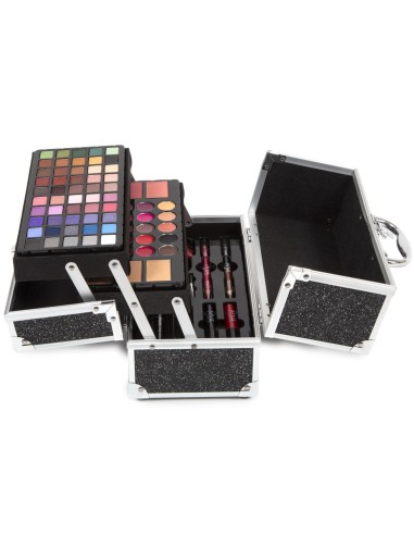 Cofre MYA Travel Glam abierto con paletas de sombras y labiales