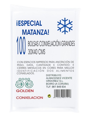 Paquete frontal de bolsas de congelación Golden Especial Matanza 30x40 cm de 100 unidades.