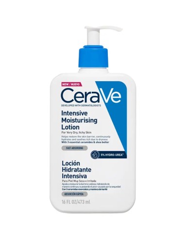 Botella blanca con dosificador azul de CeraVe Loción Hidratante Intensiva de 473 ml para piel muy seca e irritada.