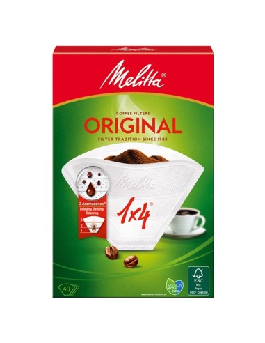 Vista frontal del envase de filtros de papel para cafetera de goteo Melitta 1x4 con certificación FSC