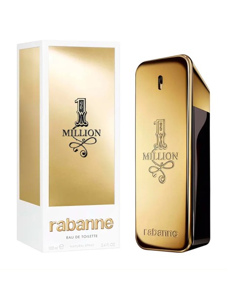 Vista del perfume de hombre Rabanne 1 Million Eau de Toilette de 100 ml con su estuche.