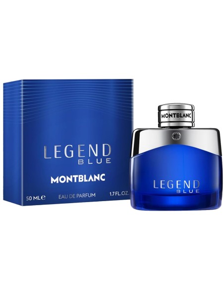 Frasco azul y caja de Montblanc Legend Blue Eau de Parfum 50 ml