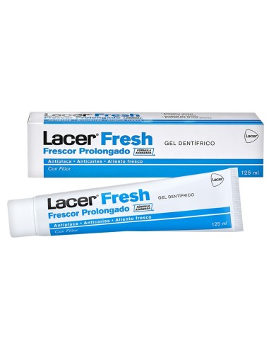 Caja y tubo de gel dentífrico Lacer Fresh Frescor Prolongado de 125 ml con flúor.