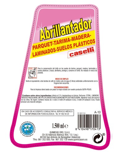 Etiqueta trasera con modo de empleo e información técnica de Caselli A-10