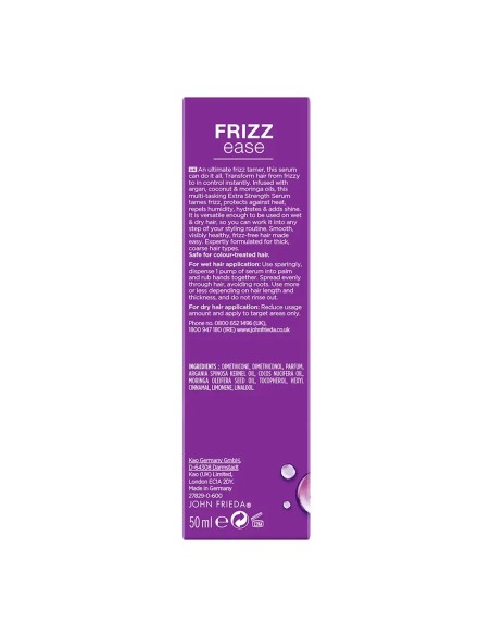 Detalle de modo de empleo e ingredientes del sérum John Frieda Frizz Ease