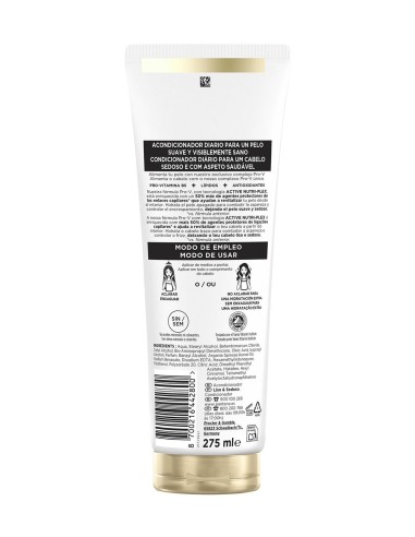 Vista posterior del tubo de acondicionador Pantene Suave & Liso con modo de empleo e ingredientes INCI.