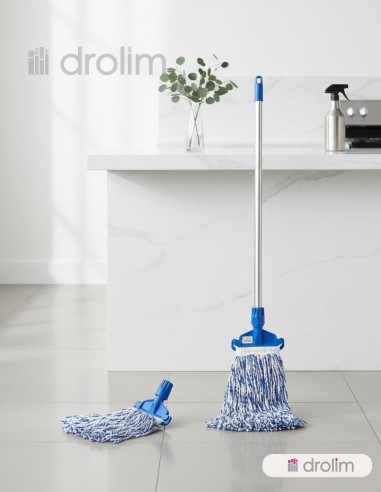 Fregona industrial de hilo de microfibra 250g azul y blanco.