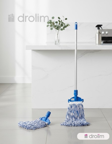 Fregona industrial de hilo de microfibra 250g azul y blanco.