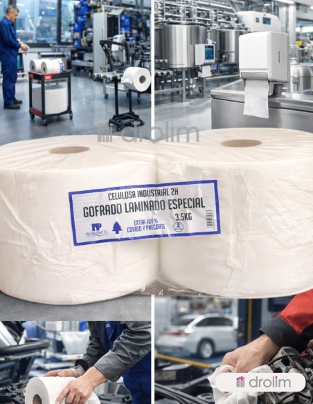 Bobina de papel secamanos industrial para uso profesional.