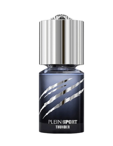 Frasco azul oscuro de Plein Sport Thunder con tapón y motivos plateados