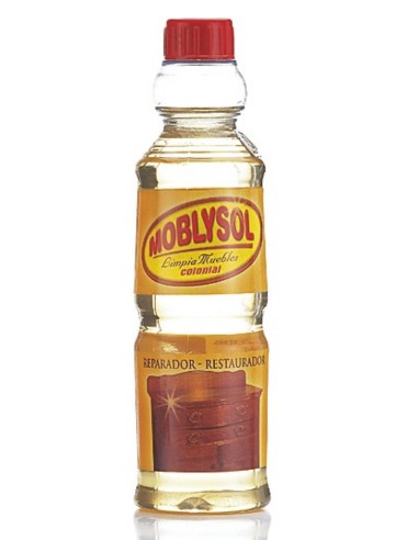 Botella de Moblysol Aceite Claro Colonial para limpiar muebles.