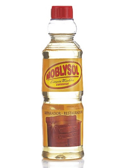 Botella de Moblysol Aceite Claro Colonial para limpiar muebles.