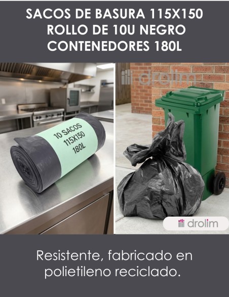 Sacos de Basura Reforzados 180L para Contenedores, Negros 115x150 cm - Pack 10 Uds