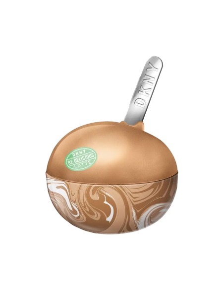 Frasco icónico DKNY Latte Pistachio con diseño veteado.