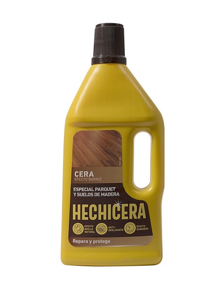 Botella amarilla de cera Hechicera Efecto Barniz Especial Parquet de 750 ml