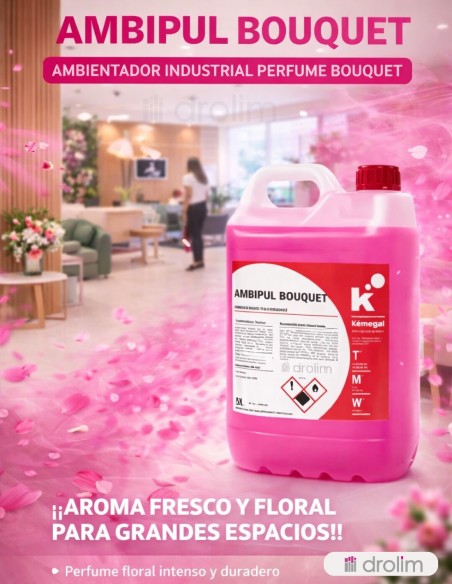 Líquido ambientador profesional de color rosa en envase traslúcido con tapón rojo de seguridad