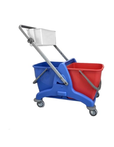 Carro de fregado industrial IPC de doble cubo azul y rojo con mango reversible y cesta superior.
