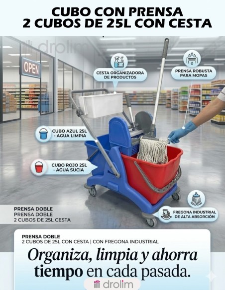 Carro de Fregado 2x25L con Cesta y Ruedas IPC