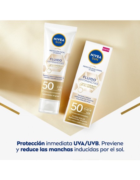 Protección solar experta contra manchas y envejecimiento.