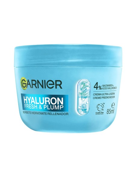 Tarro azul de Garnier Hyaluron Fresh & Plump Sorbete Hidratante Rellenador 85 ml