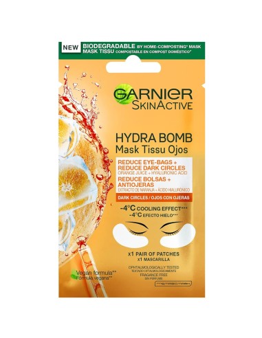 Mascarilla de tela para ojos Garnier Hydra Bomb naranja.